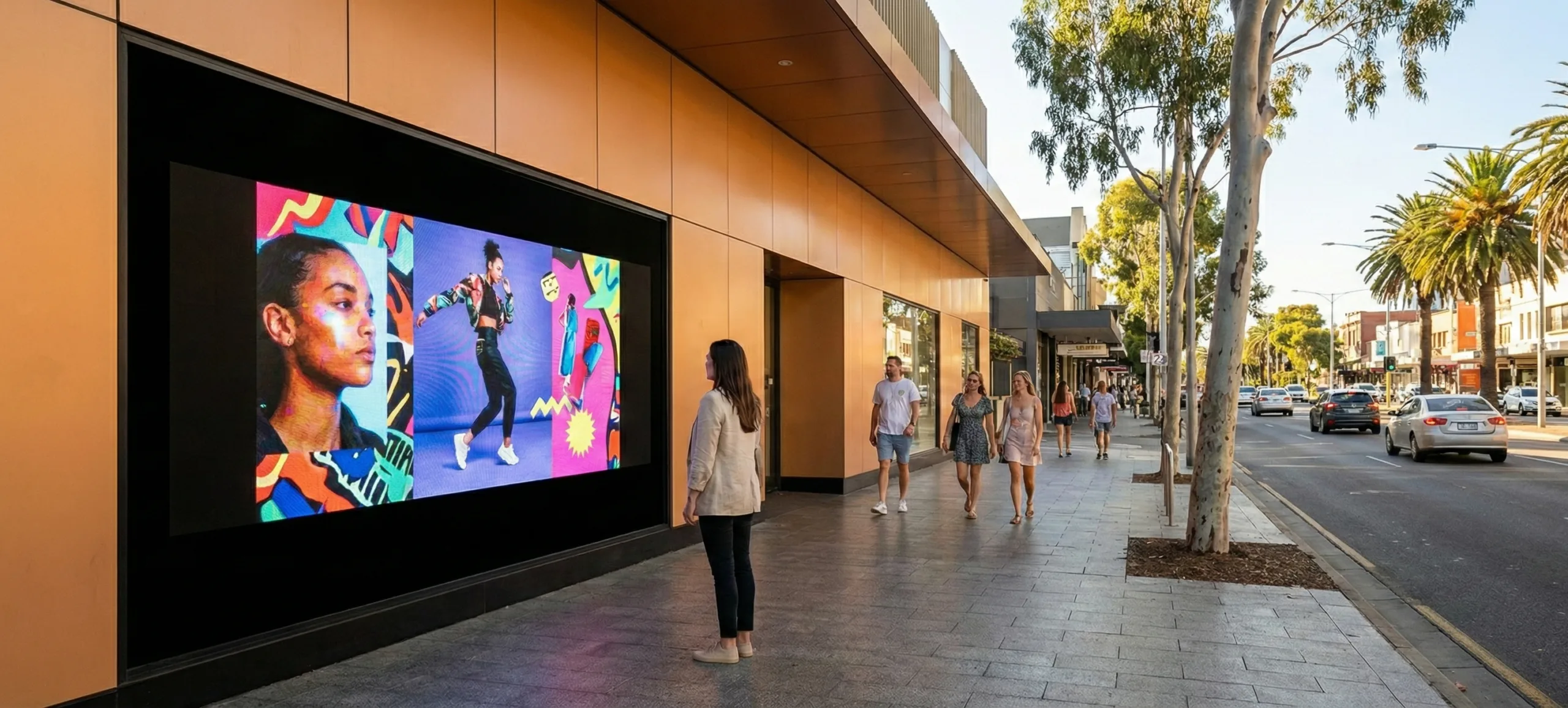 Outdoor large-format LED display on a retail street showing digital advertising content