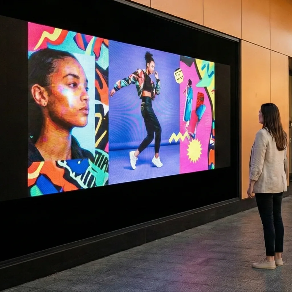Large-format indoor LED video wall displaying colourful digital advertising content