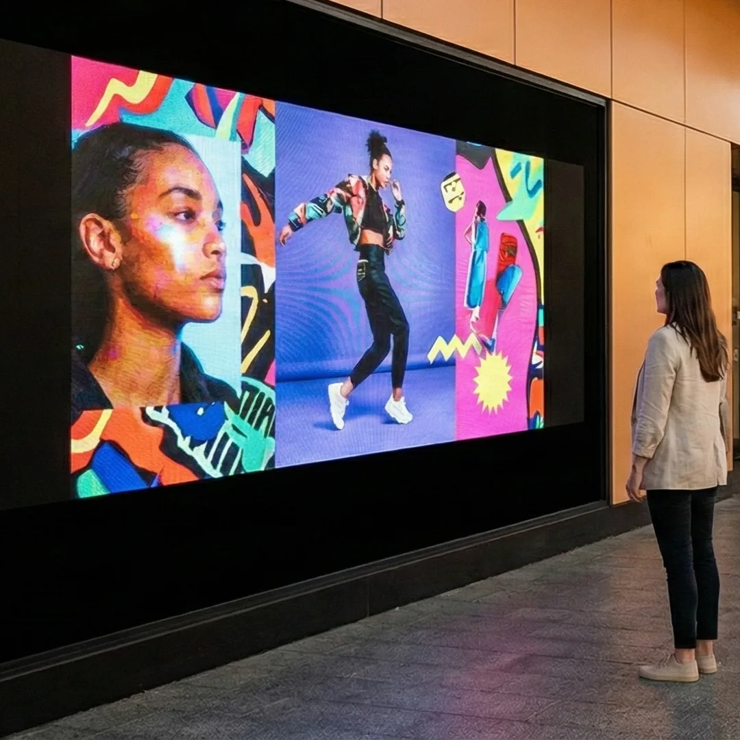 Large-format indoor LED video wall displaying colourful digital advertising content