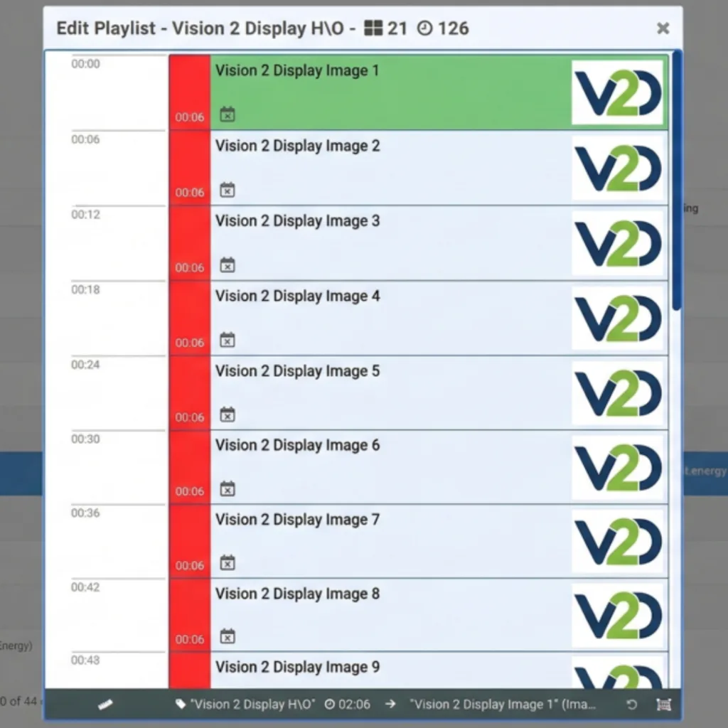 Screenshot of the Vision2Display digital signage playlist management software